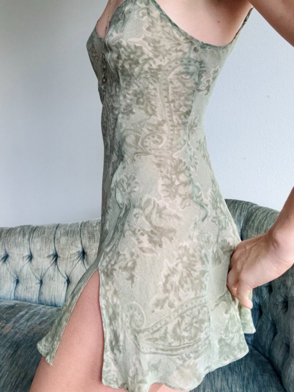 Victoria's Secret Vintage Silk Chiffon Mini Slip Dress XS Sage Green Paisley - Picture 5 of 8